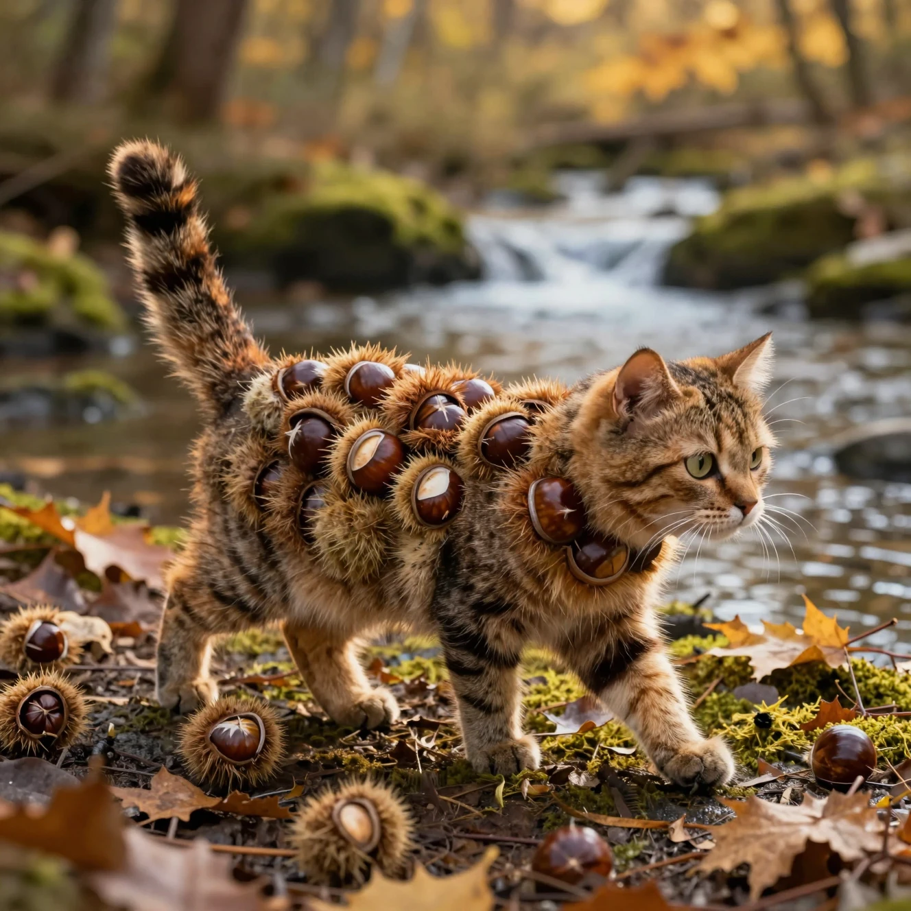 Gato de castanha outonal caminhando junto a riacho musgoso na floresta