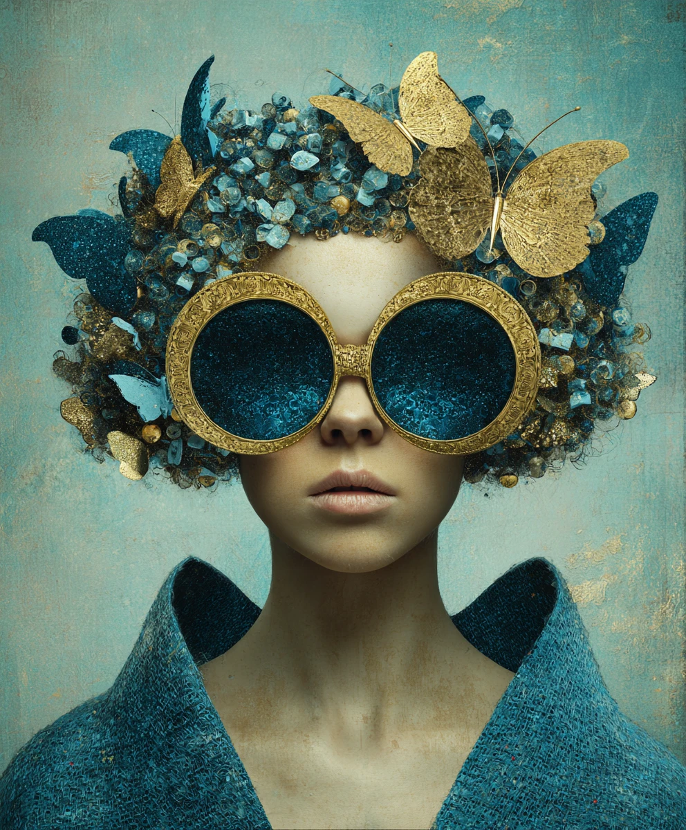 Retrato surreal de mulher em lã com óculos de sol excêntricos