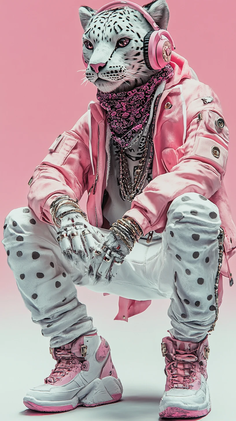 Leopardo-das-neves antropomórfico em streetwear rosa sentado calmamente