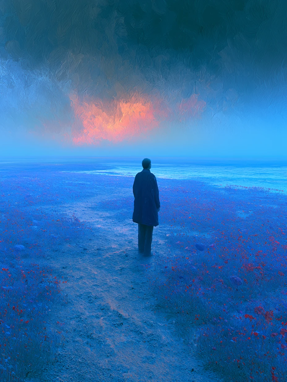 Surreal soulscape oil painting in luminous indigo and gold