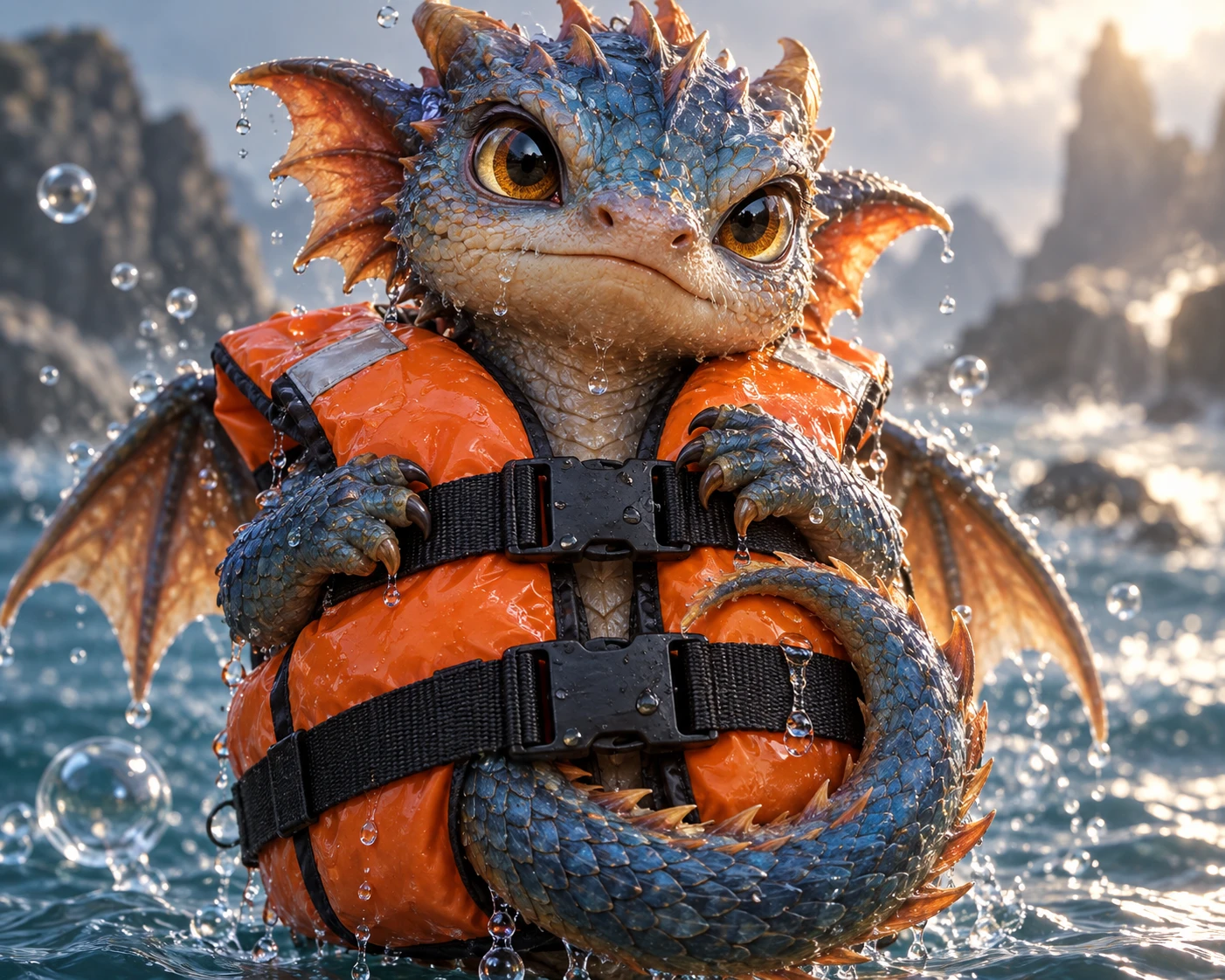 Portrait d’un minuscule dragon portant un sérieux gilet de sauvetage surdimensionné