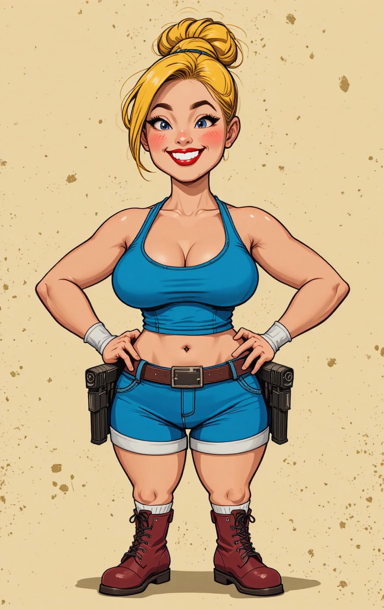 Playful cartoon warrior woman with holstered guns and boots