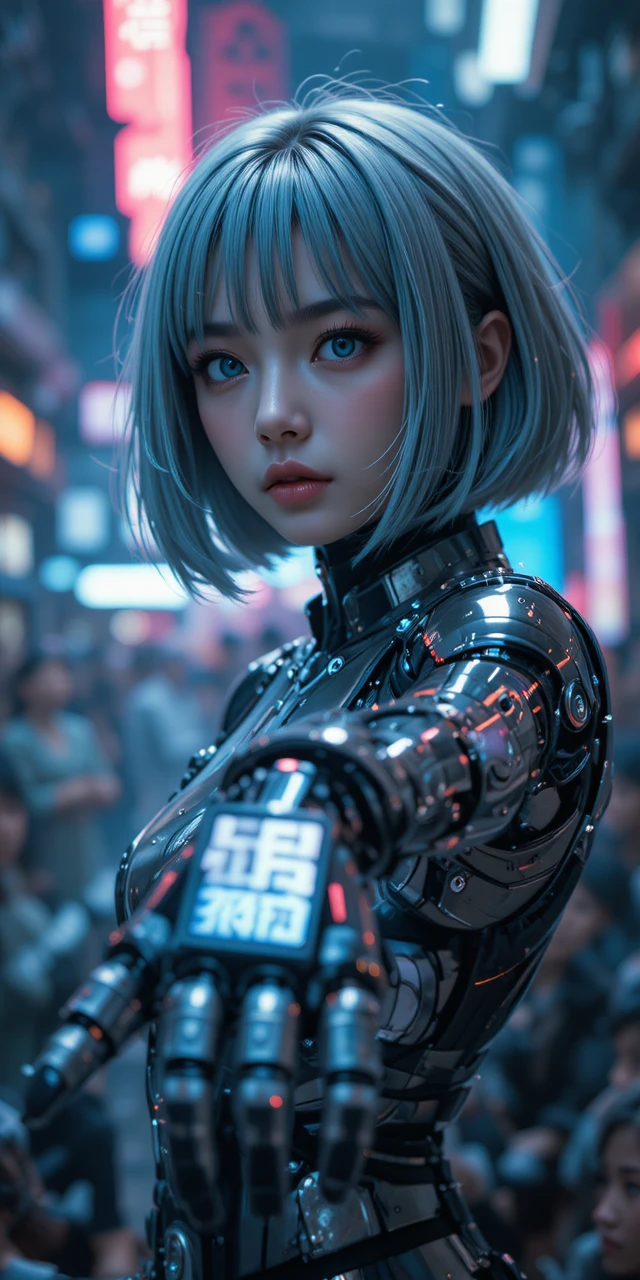 Cyberpunk-Anime-Mädchen mit mechanischem Arm, das nach vorn greift