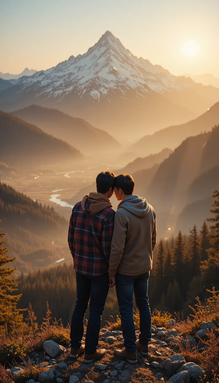 Casal romântico ao nascer do sol em mirante na montanha