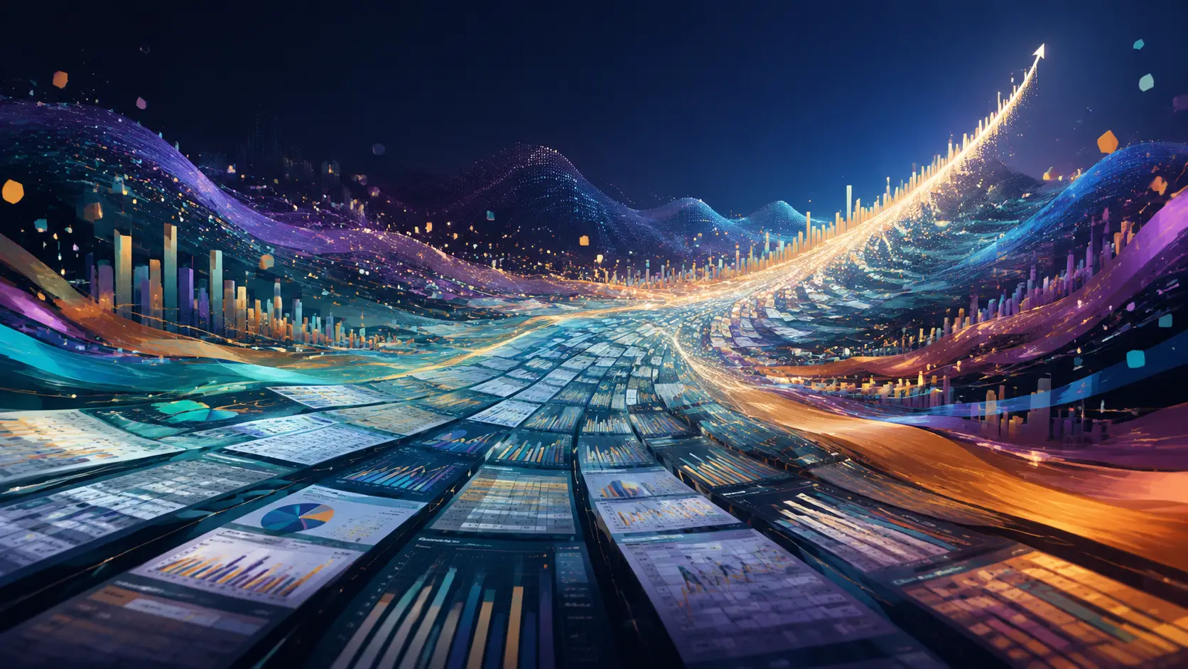 Panoramische Datenlandschaft in einer leuchtenden Aufwärtskurve