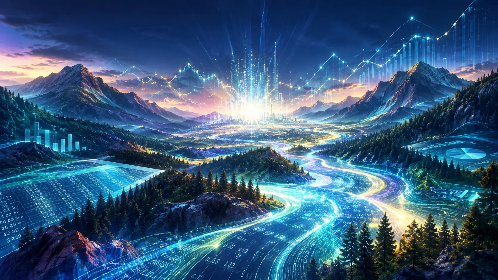 Cinematic data rivers glowing across a twilight digital landscape