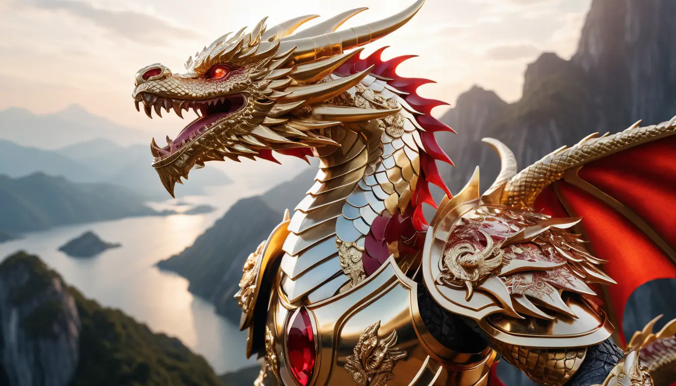 Golden armored dragon on a marble mountain above clouds