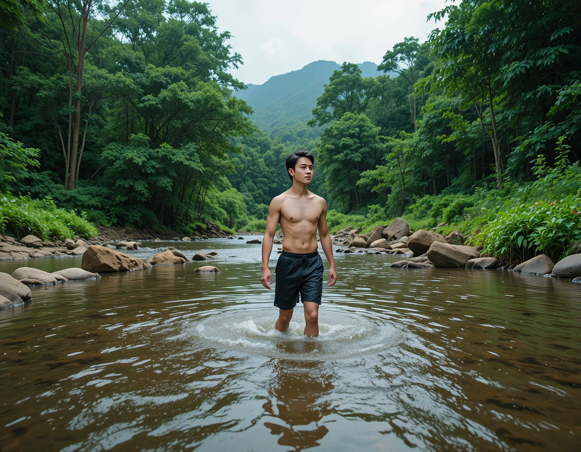 Homem sem camisa caminhando por um rio rochoso na floresta
