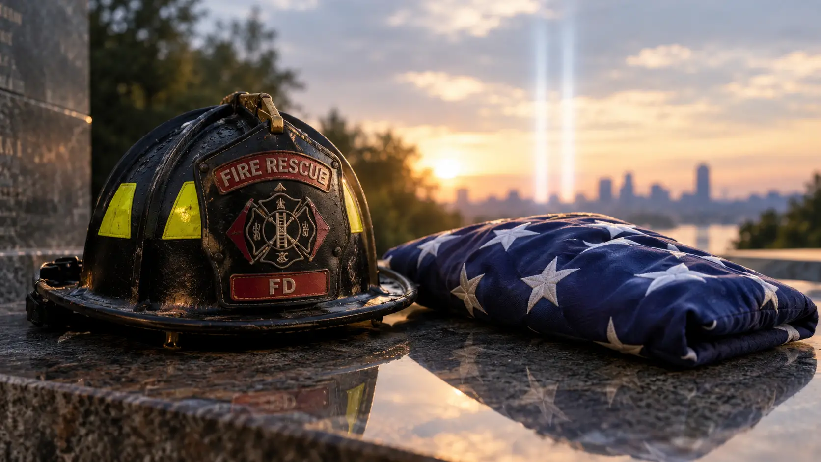 Firefighter Helmet Beside Folded Flag On Stone Memorial