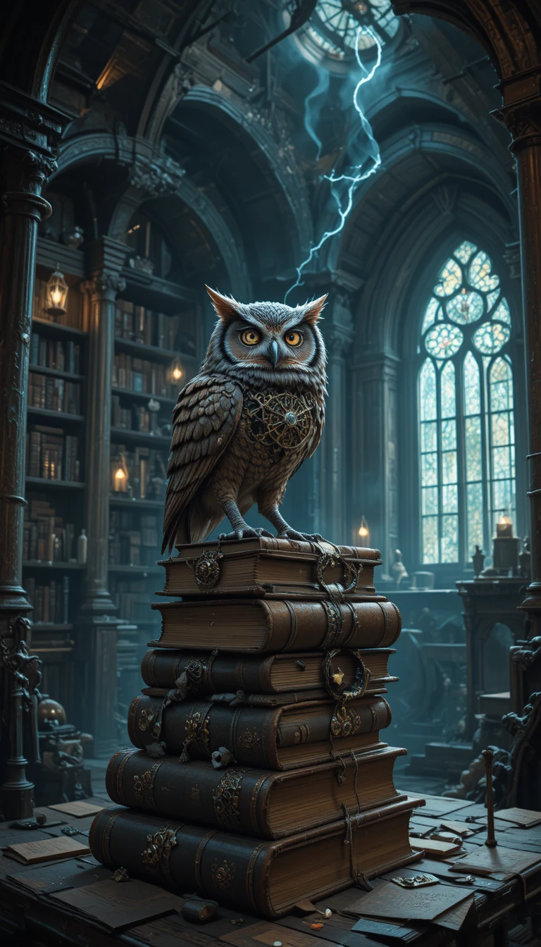 Coruja mecânica sobre livros antigos em uma biblioteca mística