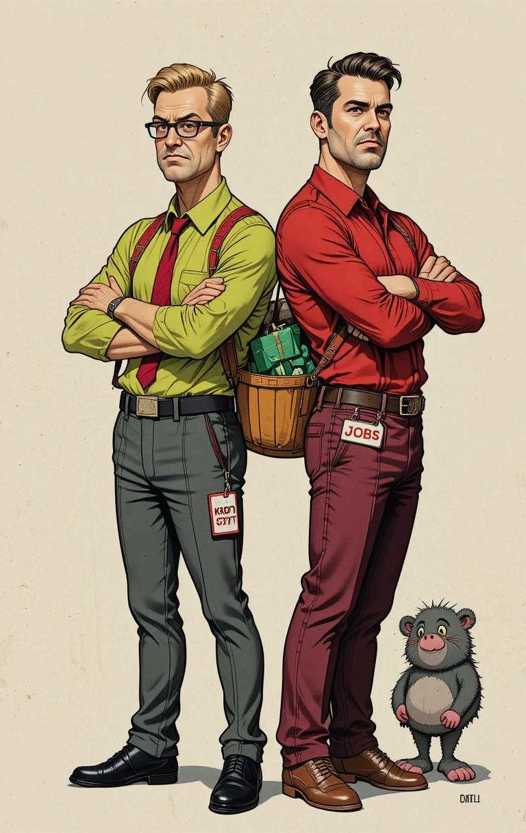 Two grumpy cartoon men standing back to back in profile