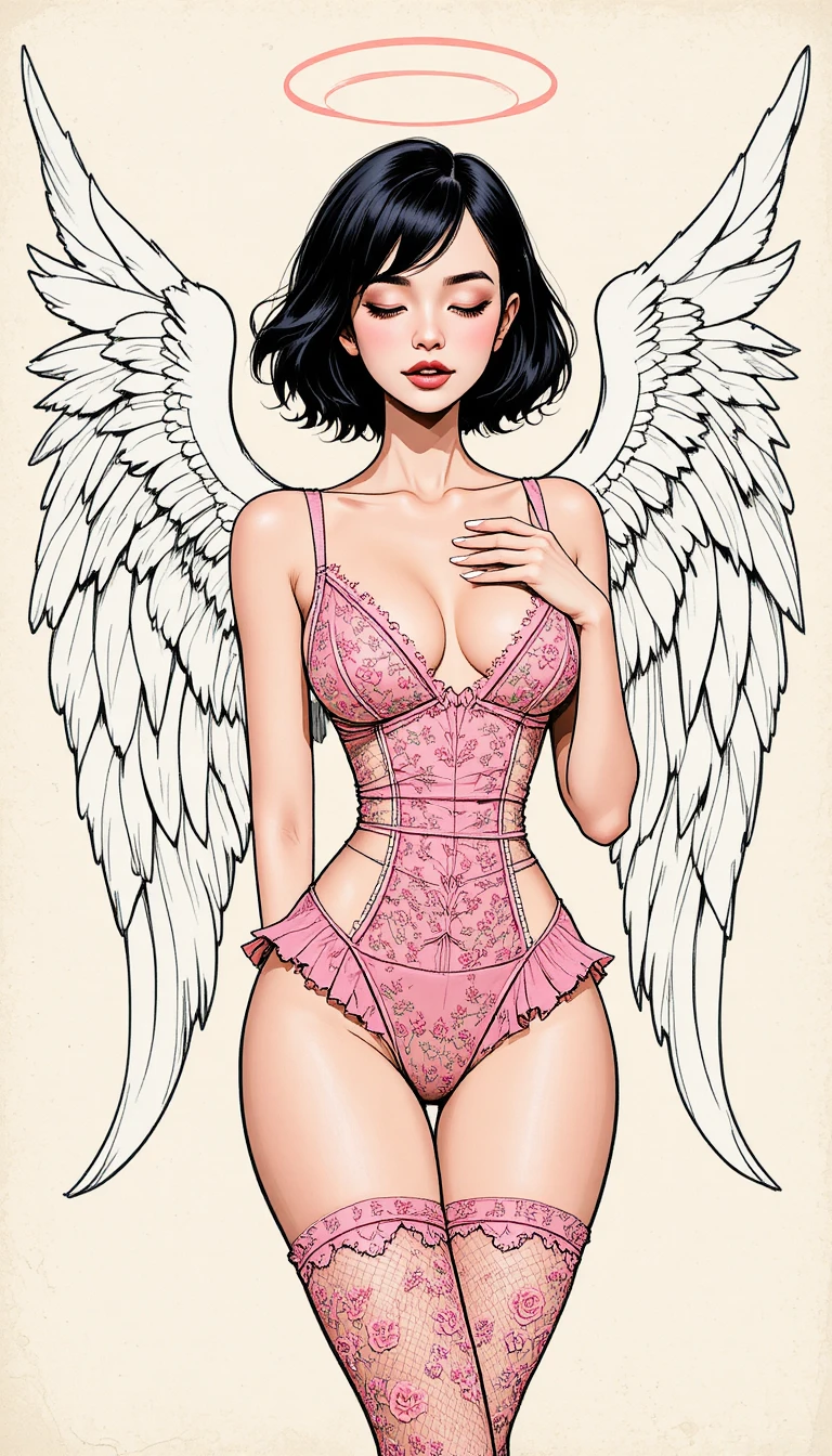 Anjo sensual em estilo anime com lingerie rosa floral
