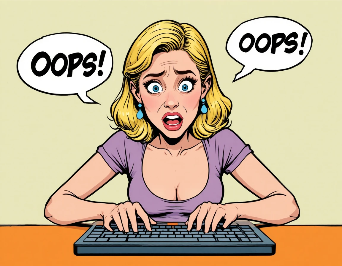 Mulher loira surpresa digitando no teclado dizendo oops