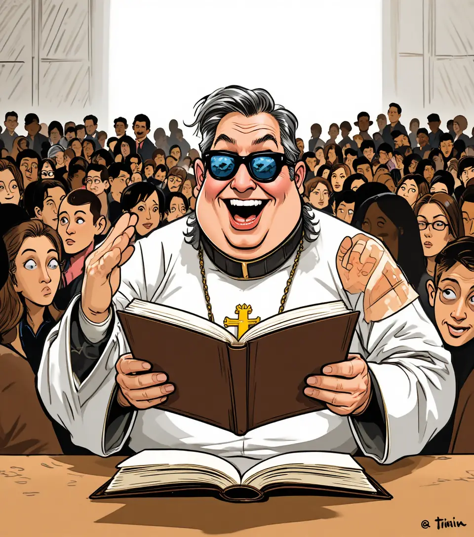 Prete gioioso che legge con un ragazzo sorridente in stile fumetto