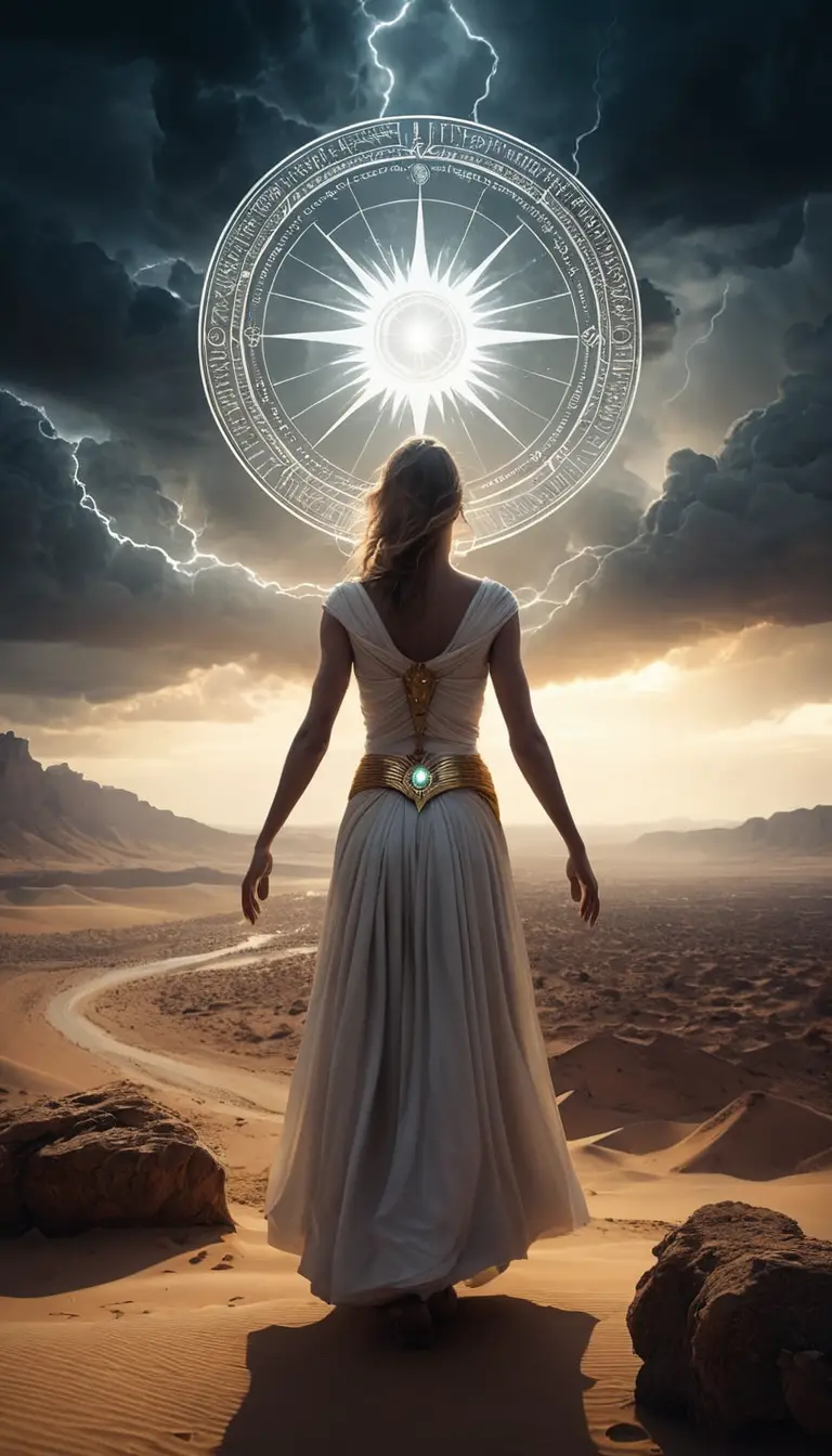 Ancient copper altar glowing in a vast metaphysical desert