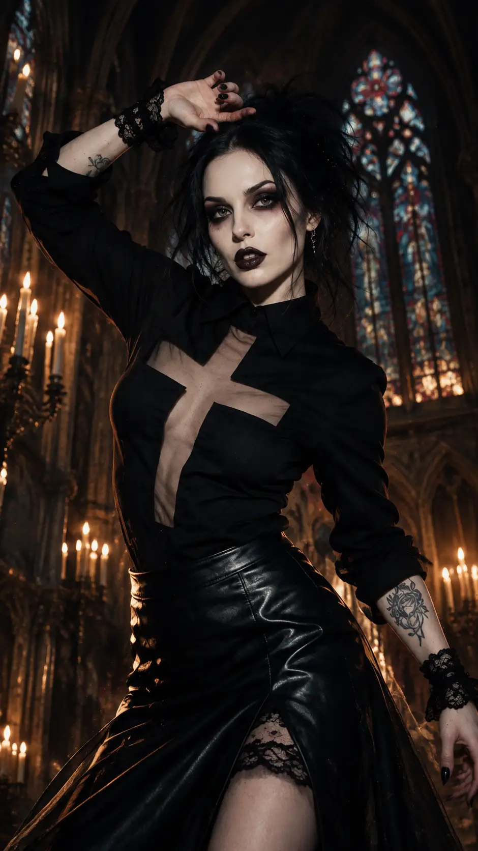 Donna gotica sotto una luce soffusa in una chiesa in penombra