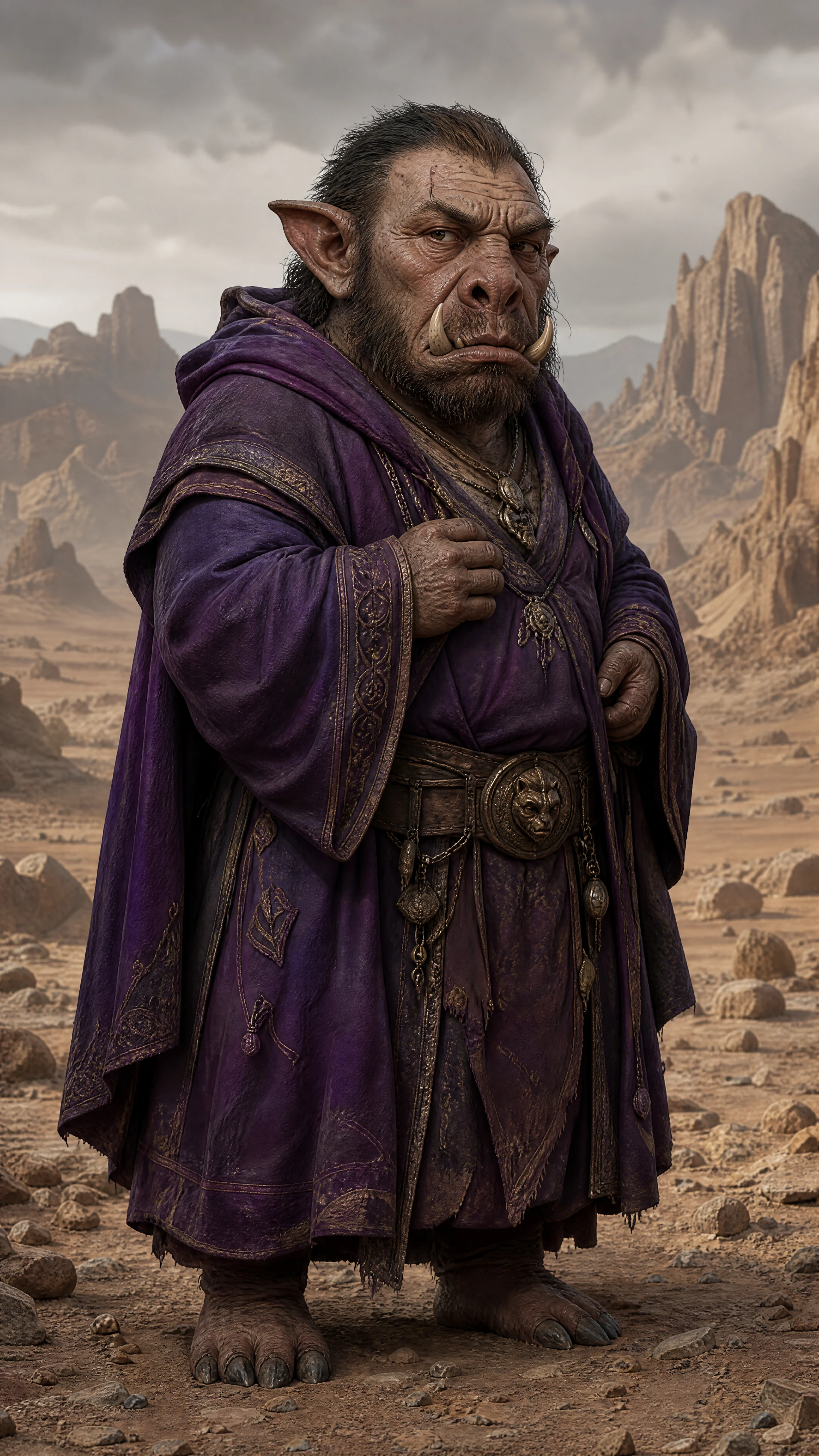 Criatura humanóide semelhante a javali em um deserto rochoso
