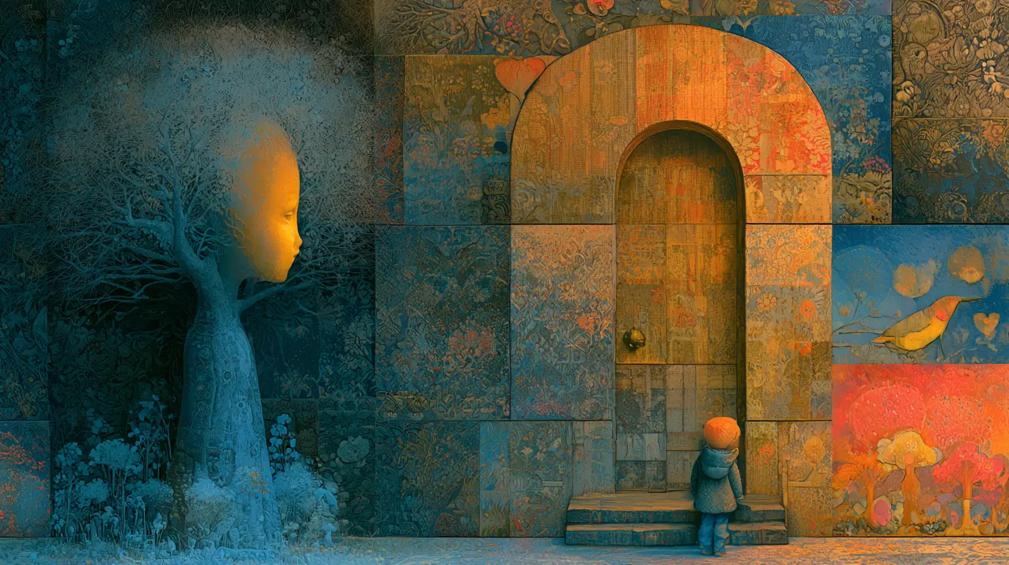Surreal heartscape painting in rich indigo and warm tones