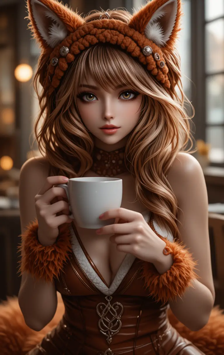 Woman in fox costume enjoying a quiet morning coffee
