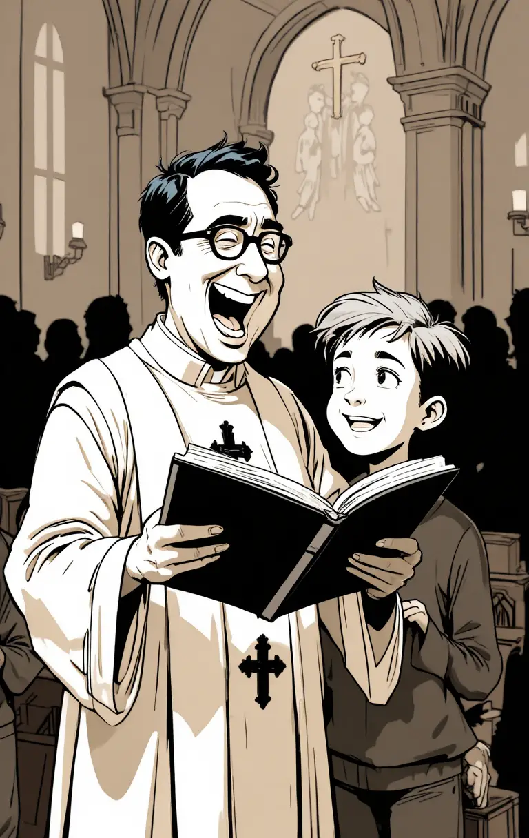 Sacerdote gioioso che legge con un ragazzo sorridente in stile fumetto