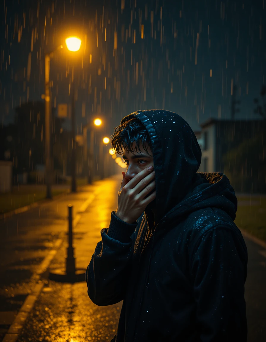 Jovem chorando sozinho sob um poste de luz na chuva