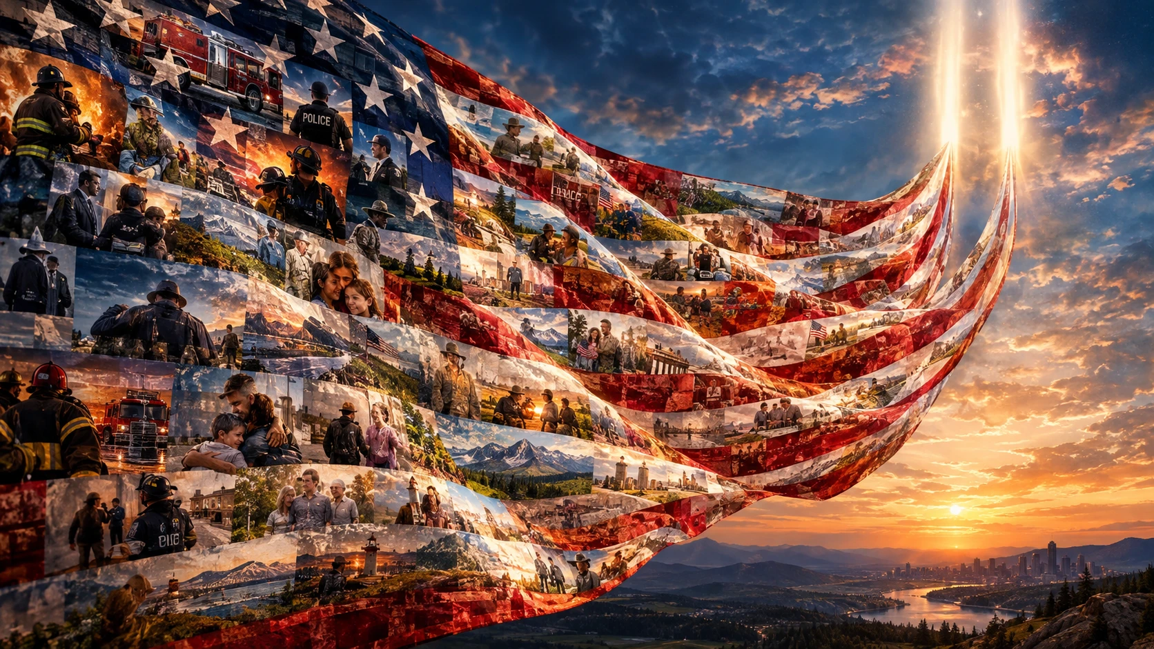 Tapiz de la Bandera Estadounidense Fluyendo en Dos Rayos de Luz