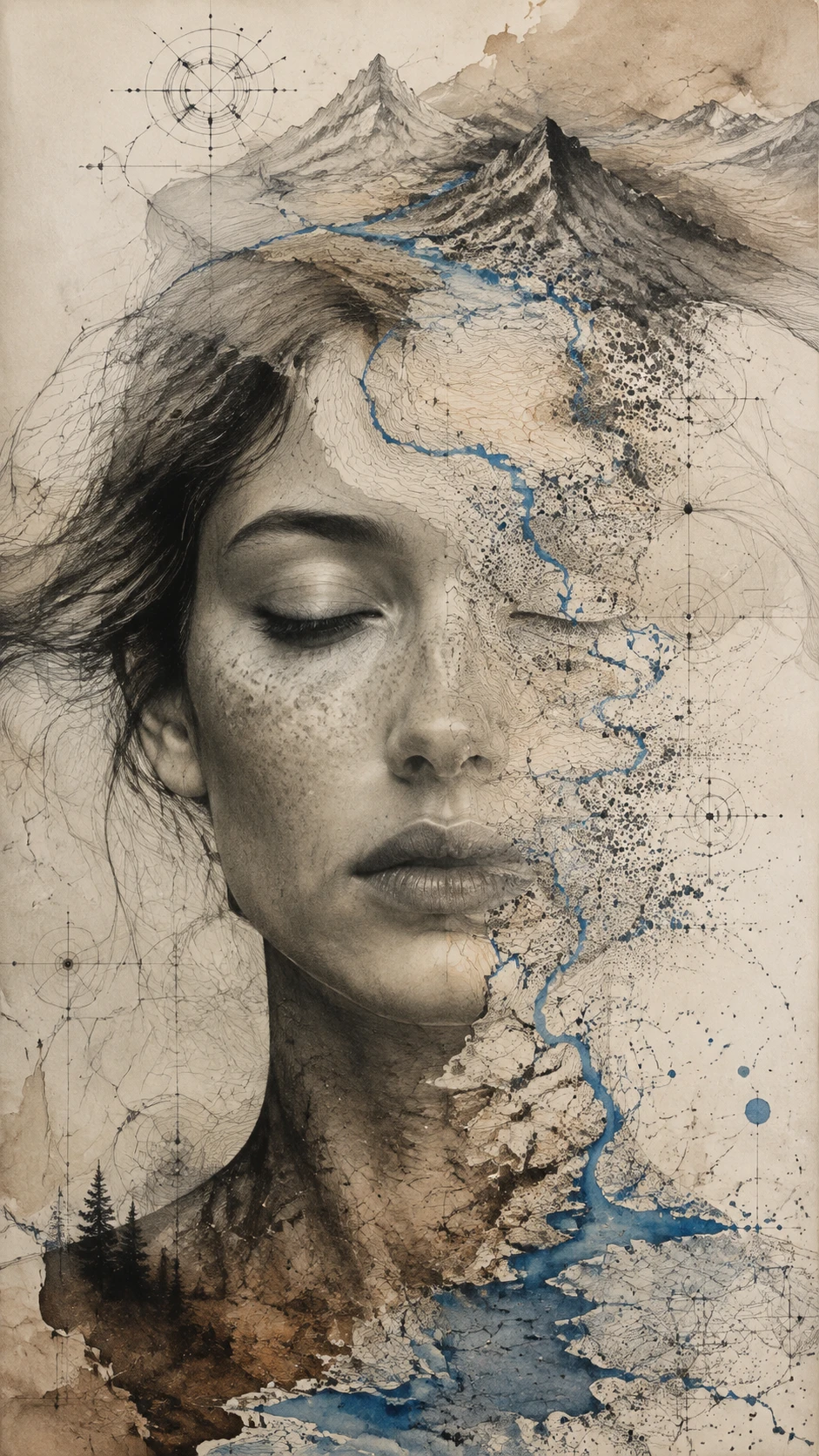 Retrato surreal de mulher fundindo-se com paisagem cartográfica abstrata