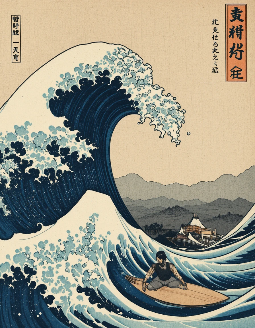 日本浮世繪風格的巨浪衝浪者