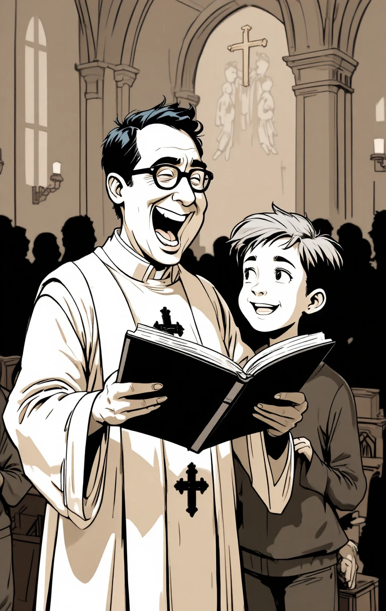 Sacerdote alegre lendo com menino sorridente em estilo de quadrinhos