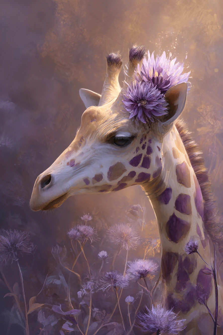 Girafa lúdica com manchas roxas e fundo floral