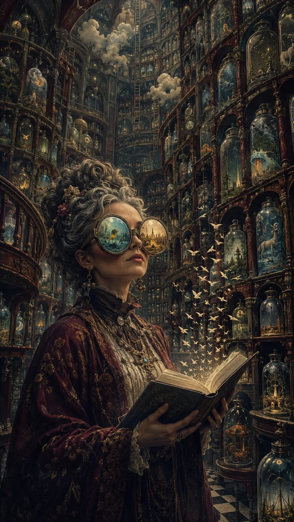 Bibliotecário excêntrico em uma biblioteca surreal de sonhos engarrafados