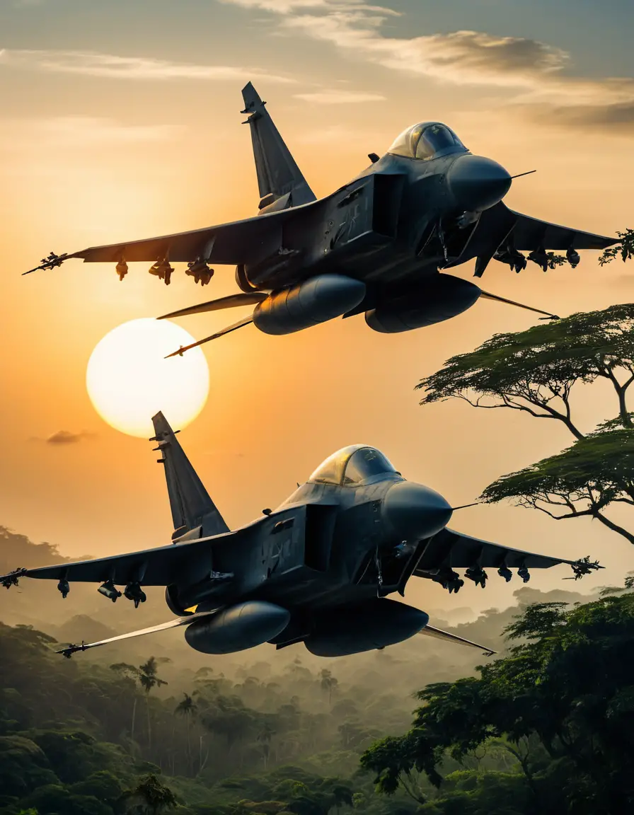 夕暮れのジャングル上空を飛ぶ戦闘機のシルエット