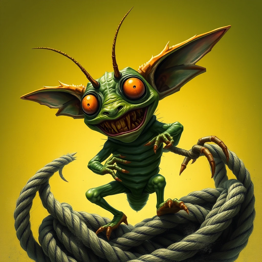 Criatura goblin ansiosa enroscada em cordas sob o holofote