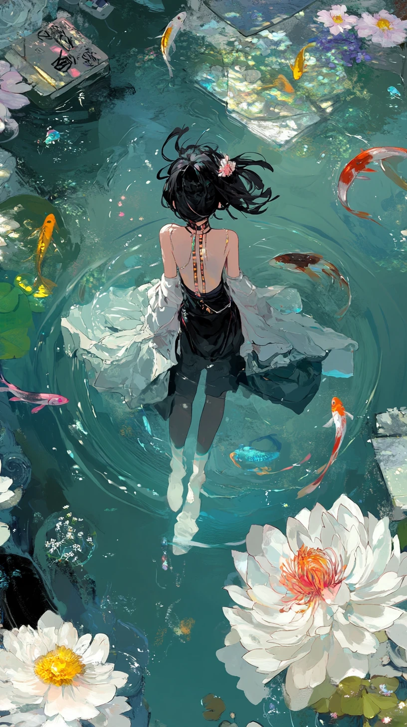 Ragazza anime che galleggia calma sull’acqua increspata con pesci