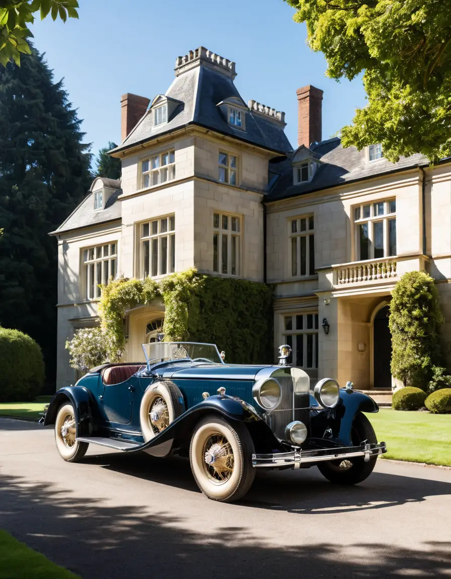 Vintage sports car parked before a grand mansion driveway