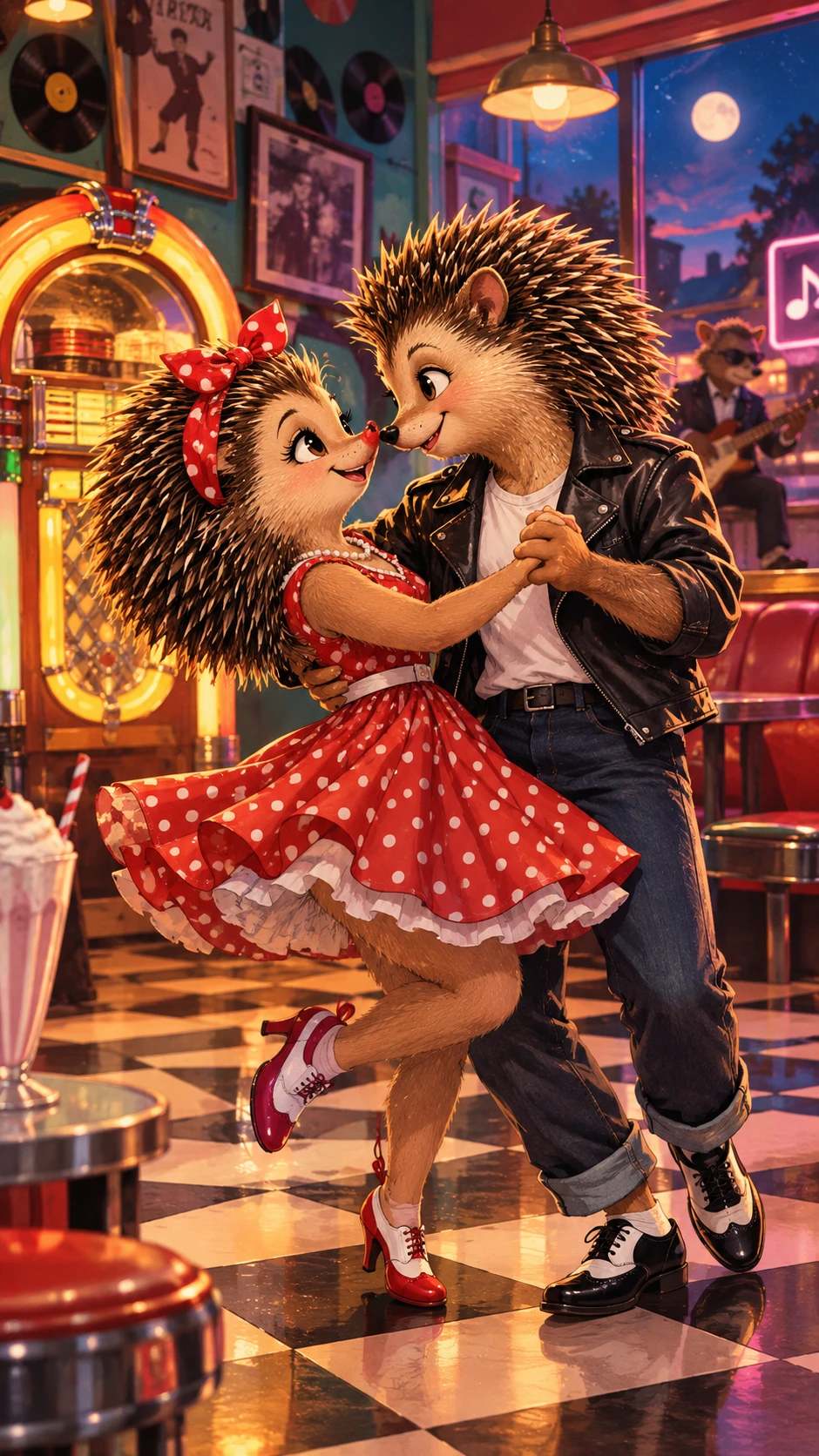 Casal de ouriços antropomórficos dançando rock and roll juntos