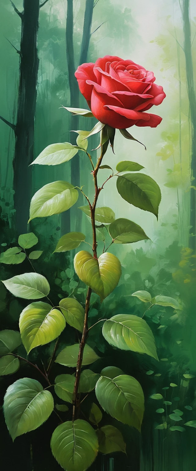 Dipinto di una rosa rossa in una tranquilla scena di foresta verde