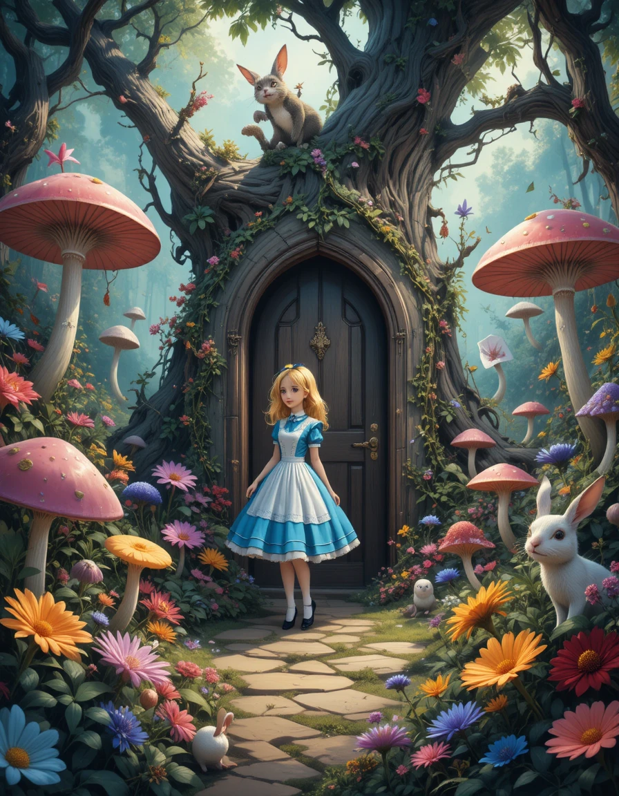 Garota em jardim encantado com pequena porta e flores