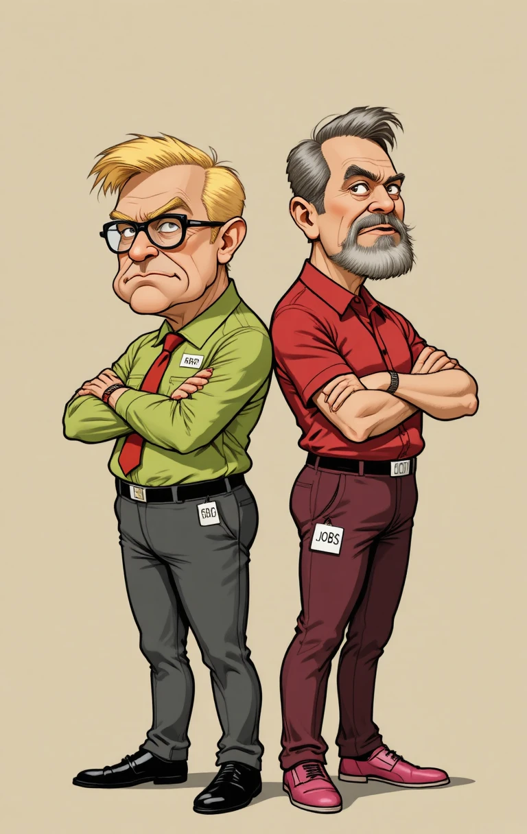 Two grumpy cartoon men standing back to back in profile