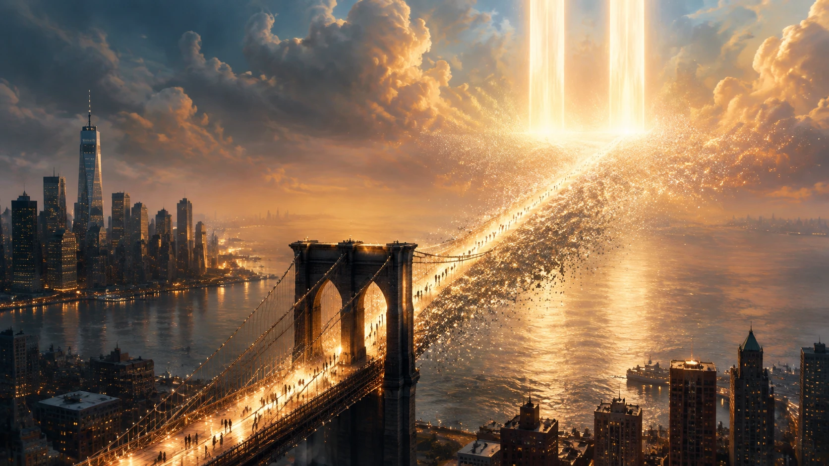 Ponte Surreal de Manhattan Elevando-se a um Céu Luminoso