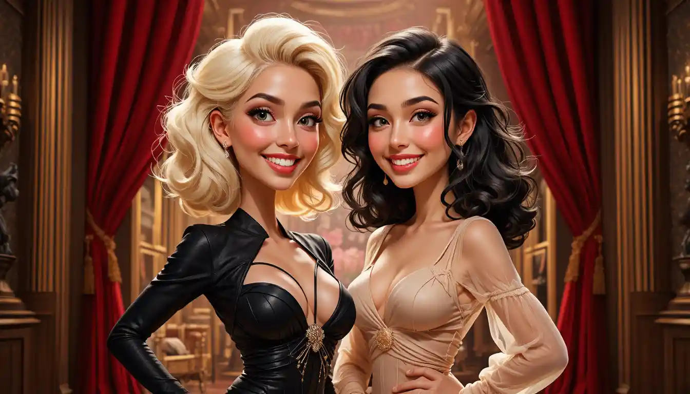 Two stylish women posing together on an elegant stage