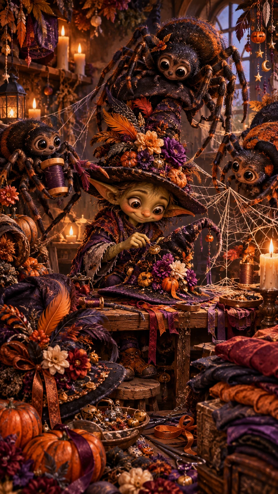 Chapeleiro Duende Fantasioso em Oficina Aconchegante de Halloween