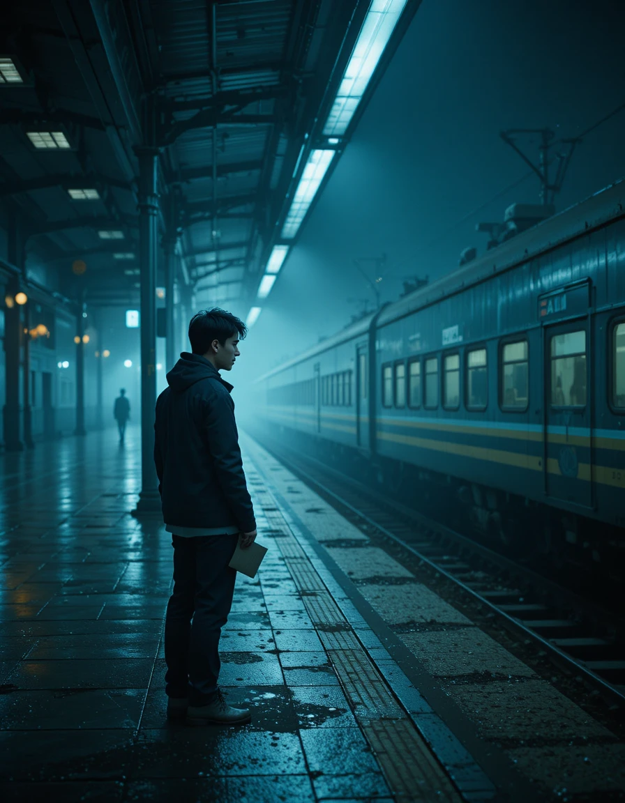 Homem triste sozinho em uma plataforma vazia de estação de trem à noite