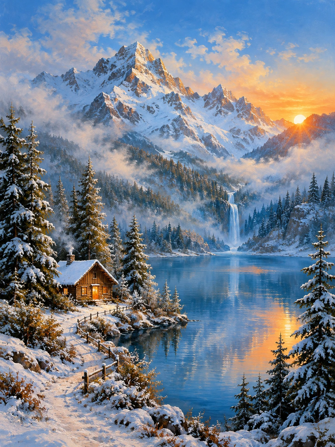 Lago di montagna innevato all’alba con baita rustica