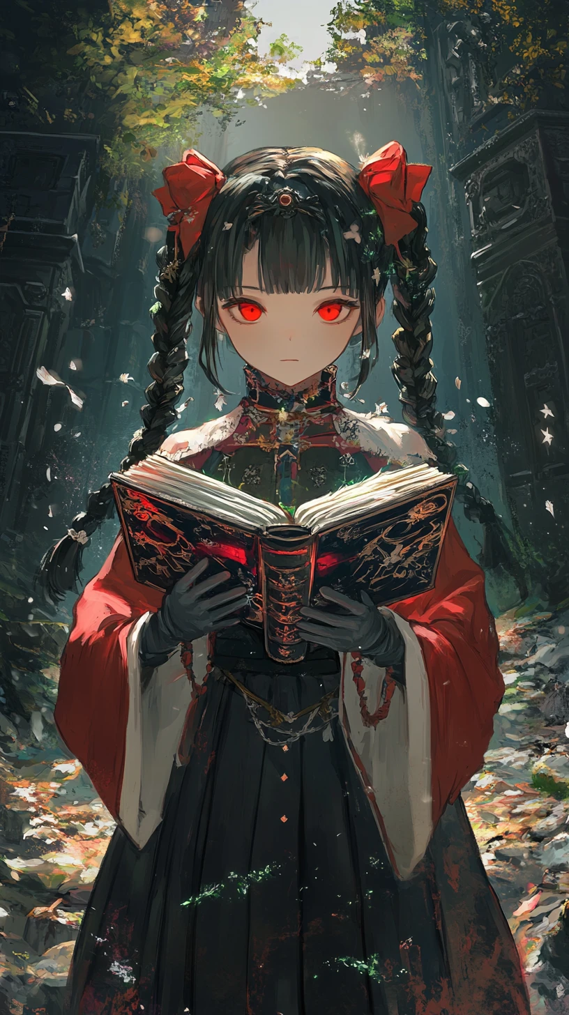 Garota de anime segurando um livro demoníaco em um castelo em ruínas