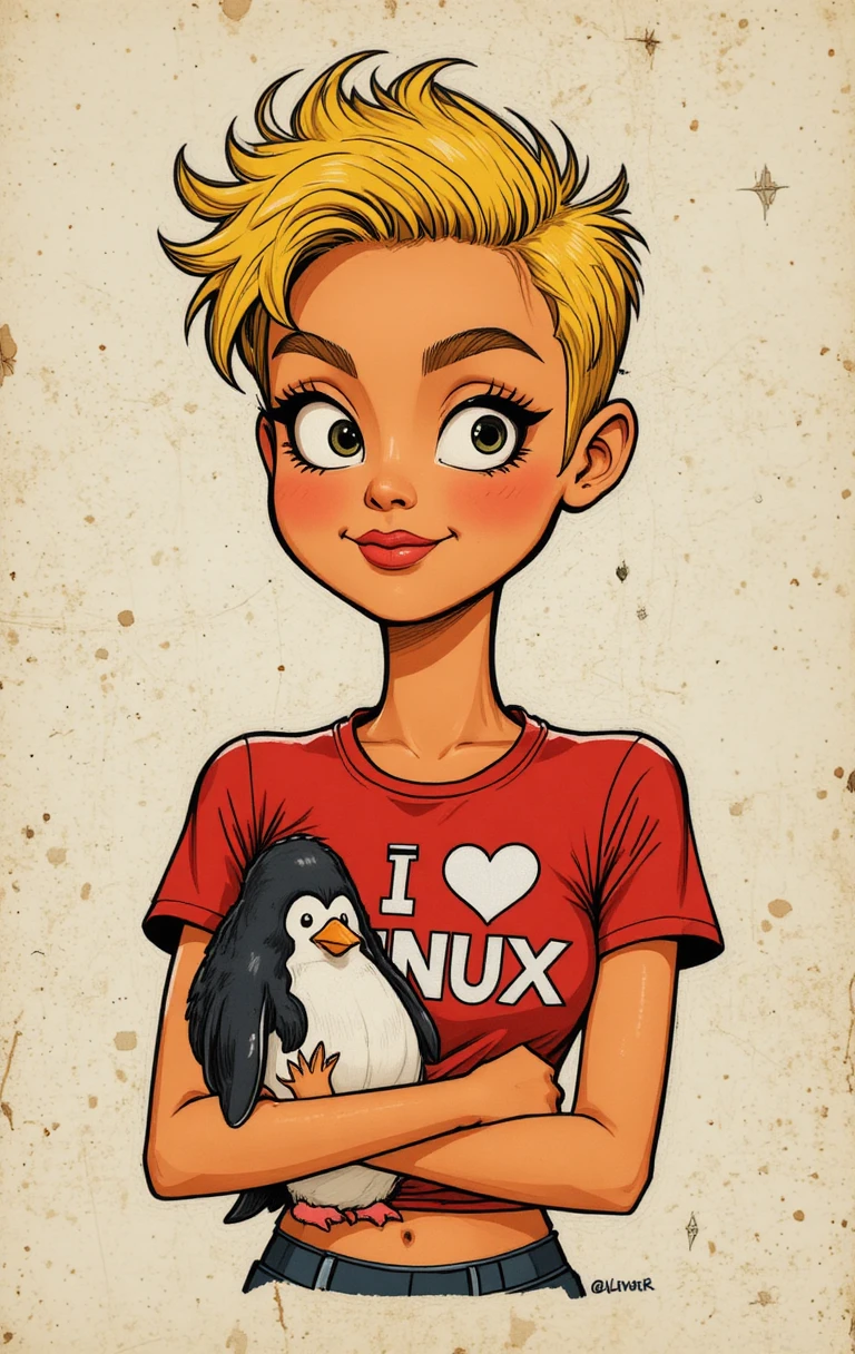 Girl hugging a cartoon penguin in comic style