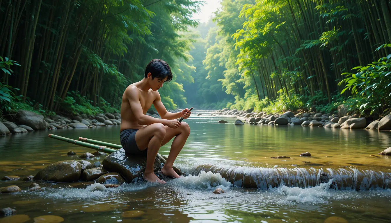 Young man carving bamboo beside a shallow forest river