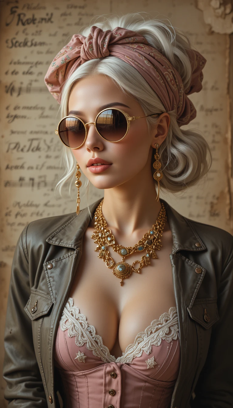 Donna boho retrò con occhiali da sole e gioielli d’oro a strati