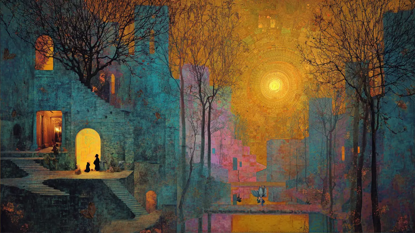 Surreal heartscape painting in indigo and warm golden hues