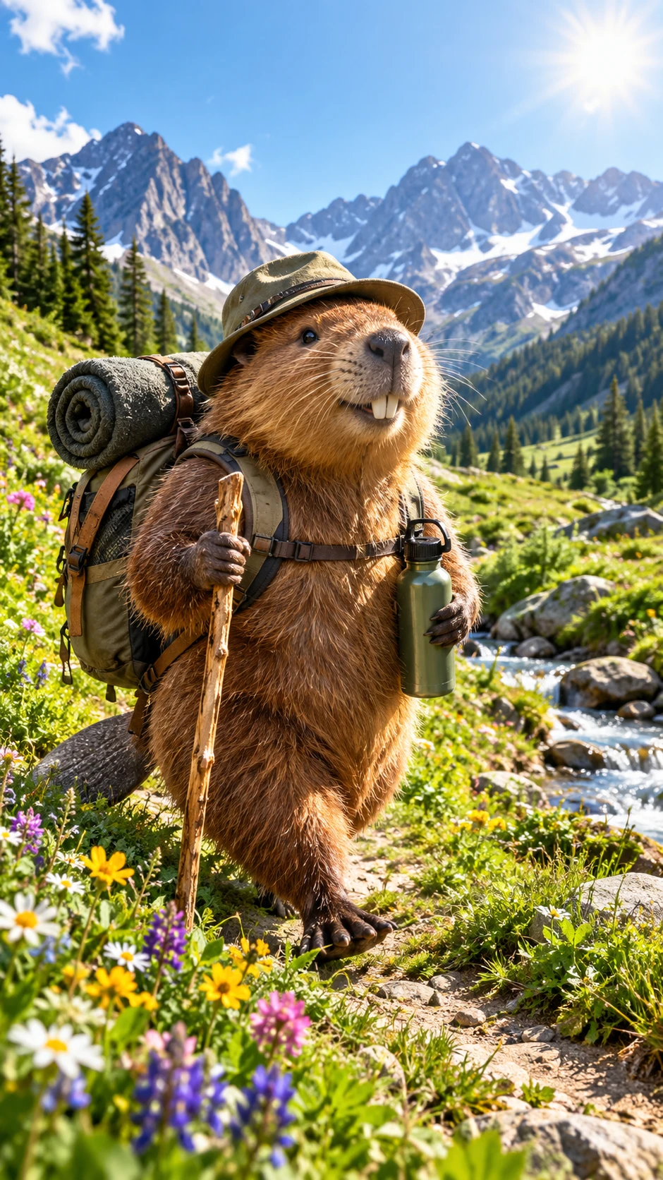 Opossum hiking with walking stick through sunny mountain meadow